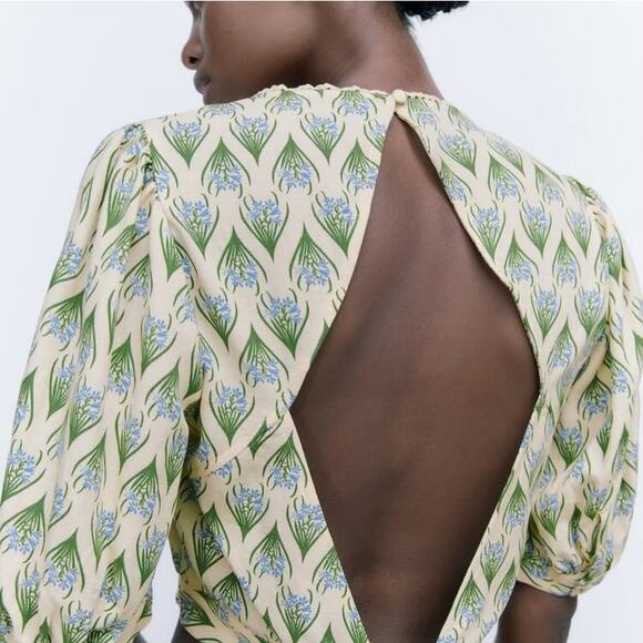 Zara Open Back Crop Top Small Floral Puff Sleeves Cottage Boho Preppy Vacation - Picture 6 of 15